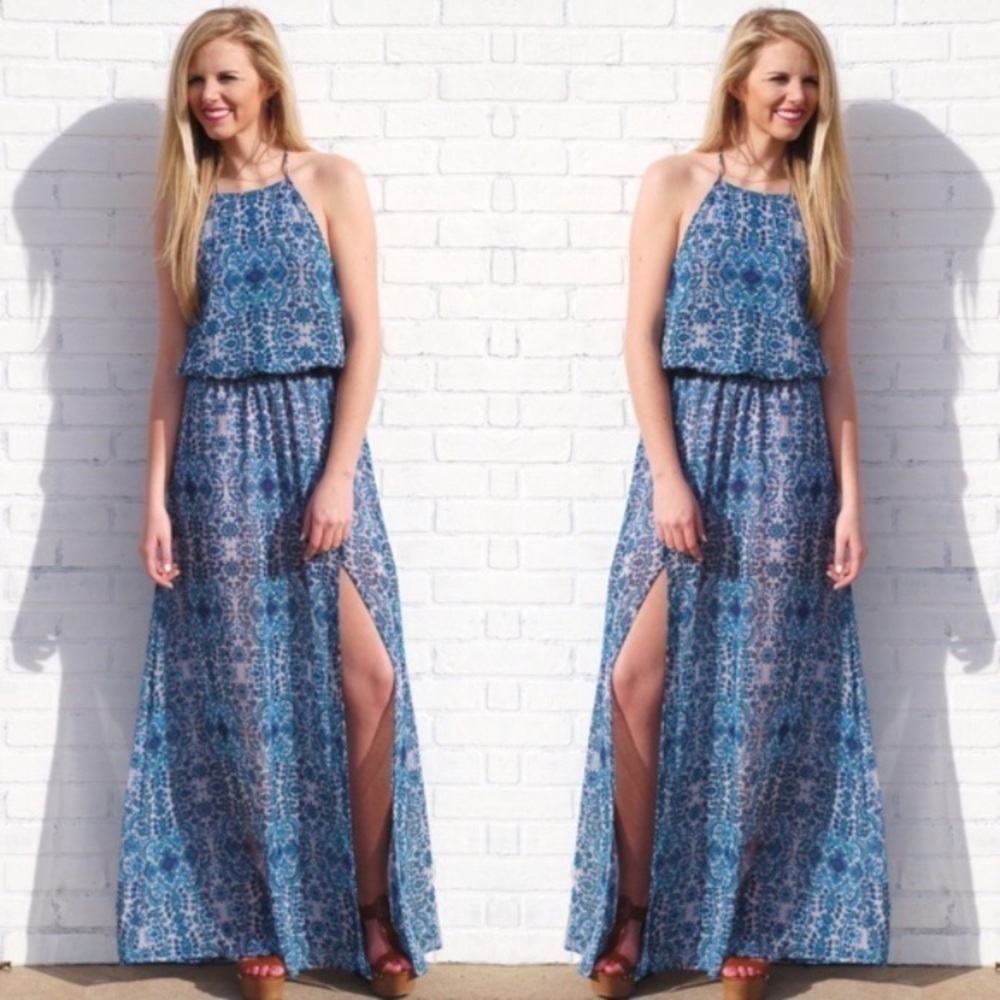 Show Me Your MuMu Heater Halter dress maxi size M blue pink party summer‎